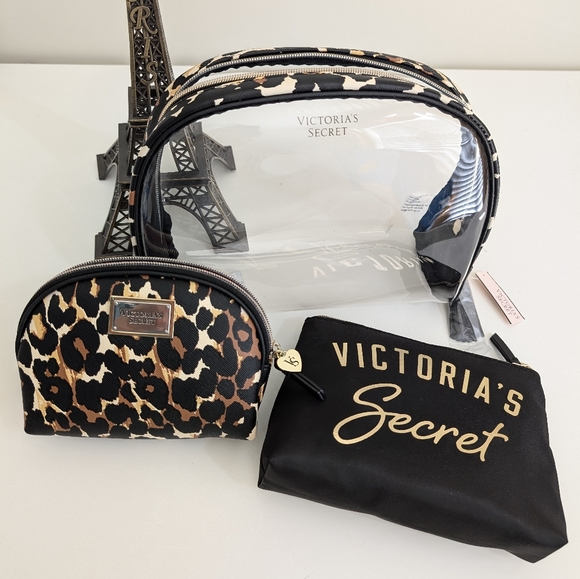 NWT VICTORIA'S SECRET 3-PC Set Leopard Black Travel Cosmetic Bag Makeup Pouch XL - Picture 1 of 16